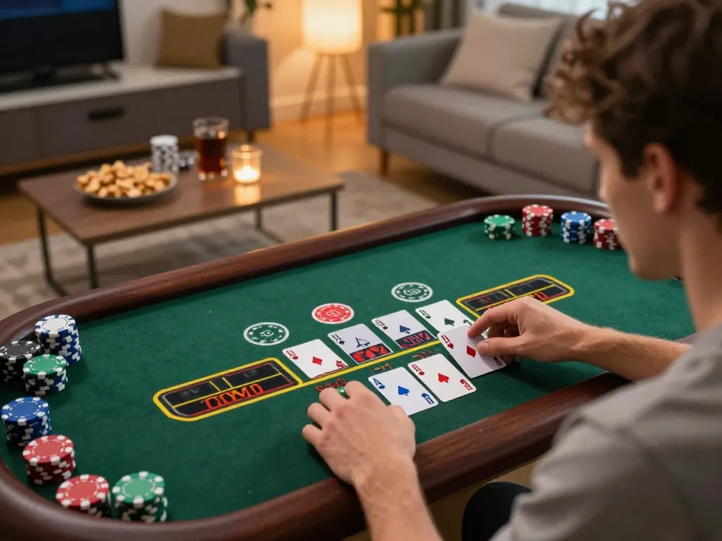 B52 Club player engaging with live dealer blackjack game on mobile app during cozy home gaming session.