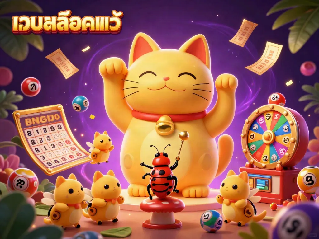 Engage with the เว็บสล็อตแท้ dynamic lucky cat illustration showcasing various casino symbols and vibrant lottery elements.