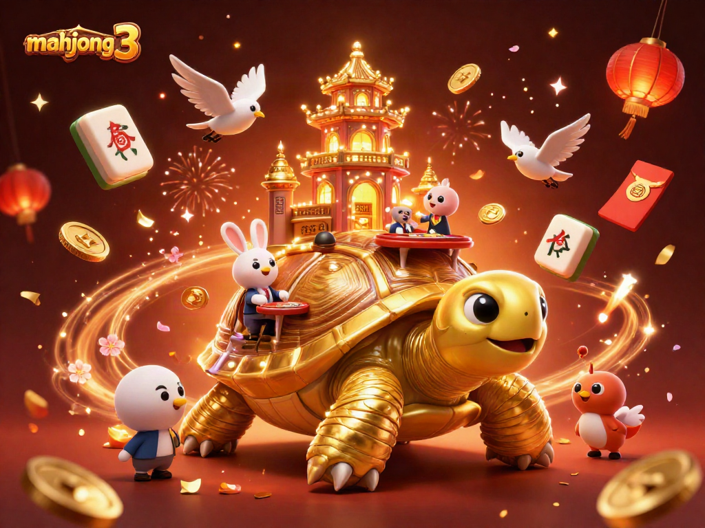 Experience mahjong 3 excitement with golden tortoise casino scene and vibrant game elements.