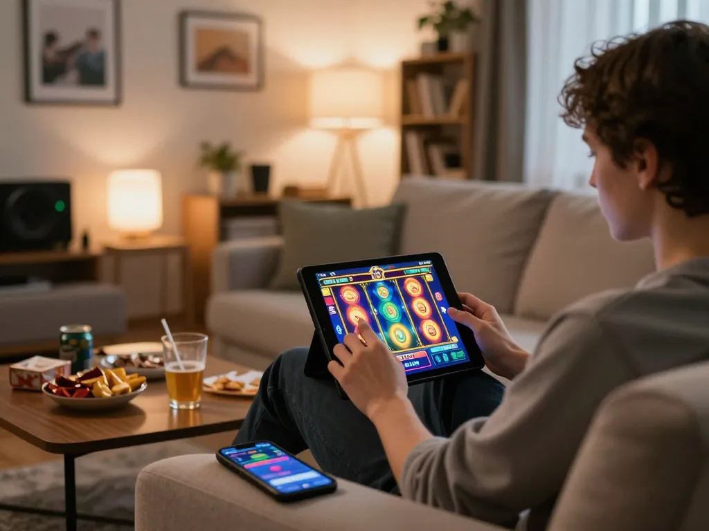 Player engaging with jus77 slots on tablet, cozy home setting with snacks and drink.