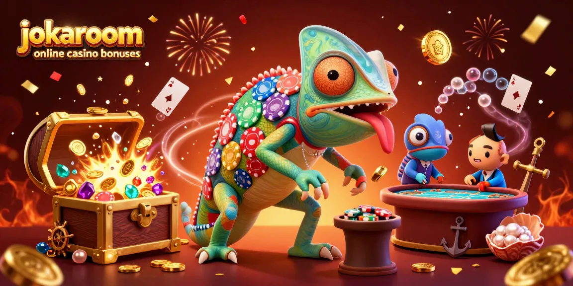 Engage with jokaroom online casino bonuses in a vibrant and dynamic 3D scene featuring casino elements.