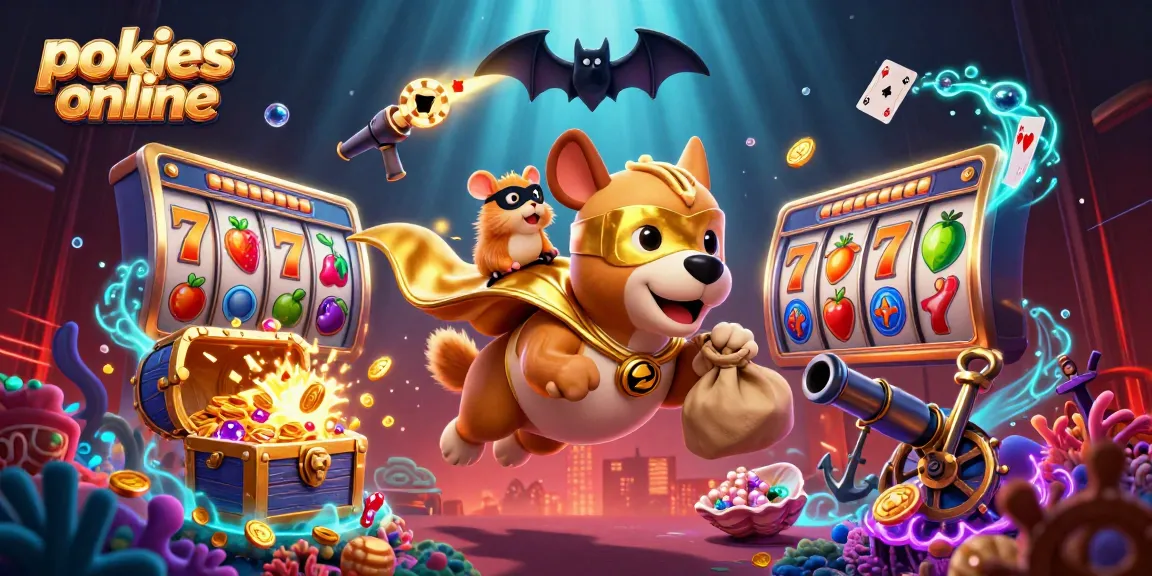 Experience thrilling pokies online with a vibrant, high-energy illustration featuring characters amidst exciting game symbols.