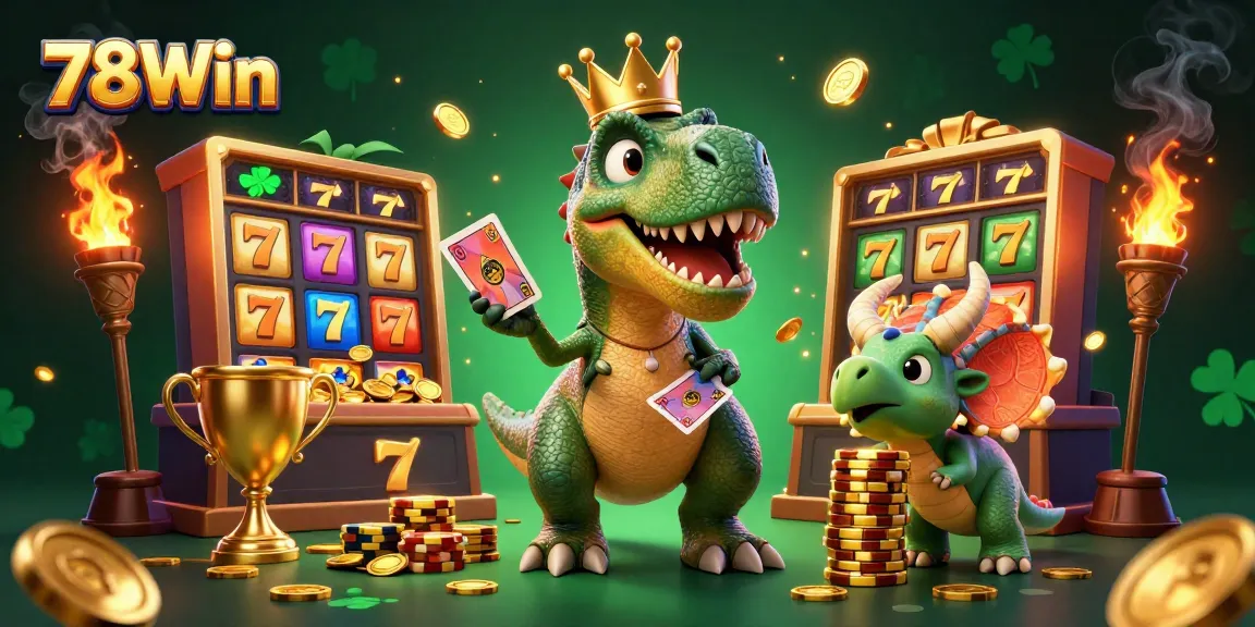 Experience the thrill of 78Win with dynamic T-Rex card shuffling and golden chips stacking in this vibrant casino scene.
