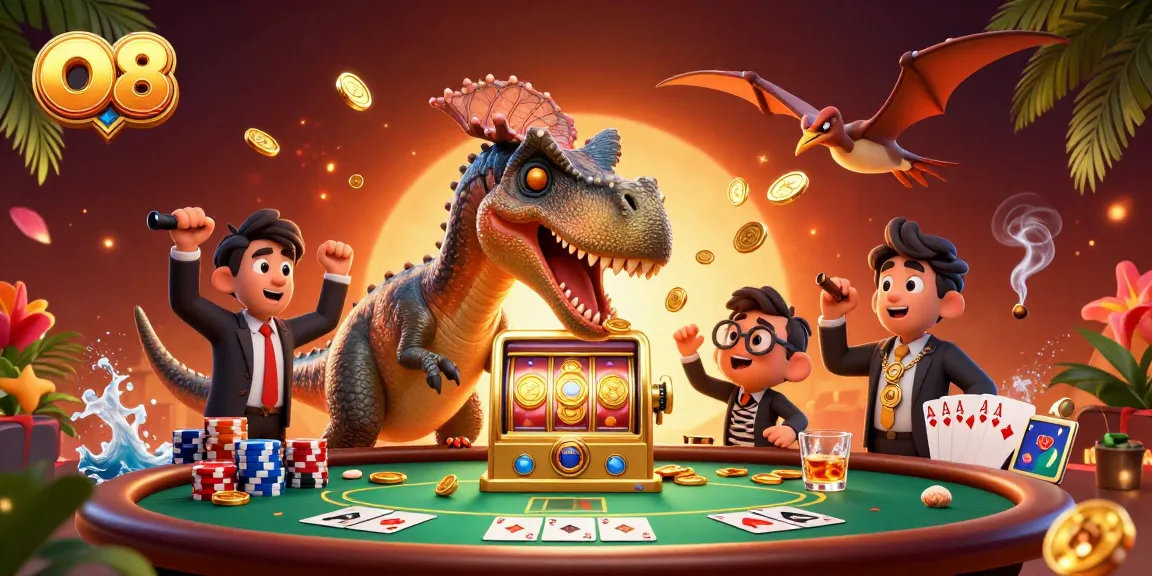 Catch flying gold coins at O8 in a thrilling 3D gambling scene featuring dinosaurs with intense action.