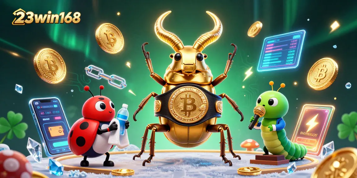 Experience the excitement of 23win168 with a dynamic illustration featuring casino characters, cryptocurrencies, and vibrant effects.