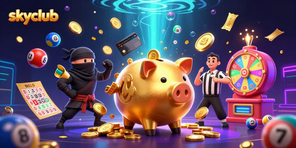 Skyclub interactive gaming scene with a golden piggy bank sumo wrestler and dynamic prizes showcasing thrilling excitement.