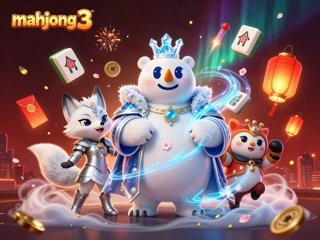 Engage with mahjong 3 in a vibrant casino setting featuring a 3D cartoon ice king and snow fox.