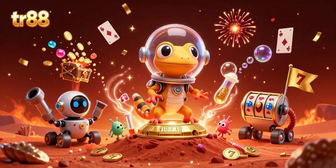 tr88 showcases a Martian gecko discovering a golden casino amidst vibrant gaming elements and festive celebration.