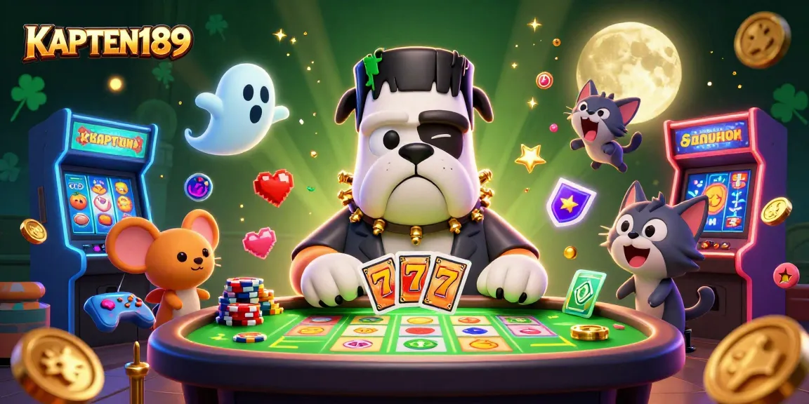 KAPTEN189 bermain slot dengan karakter unik, meja hijau, dan suasana kasino yang menarik