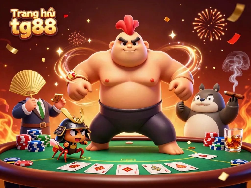 Experience excitement at Trang chủ tg88 with a colorful casino scene featuring dynamic characters and gaming elements.