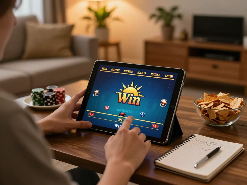 Experience sun win gaming action using a tablet in a cozy living room atmosphere.