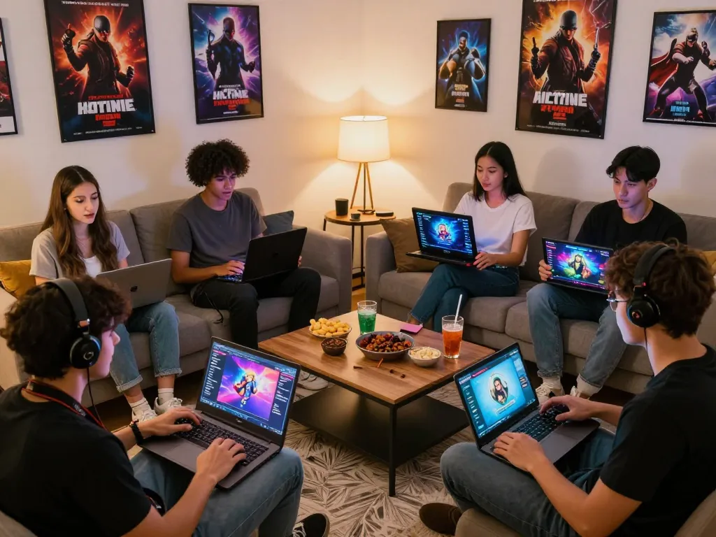 Friends enjoying html porn games together on various devices in a cozy living room, showcasing vibrant gaming culture.