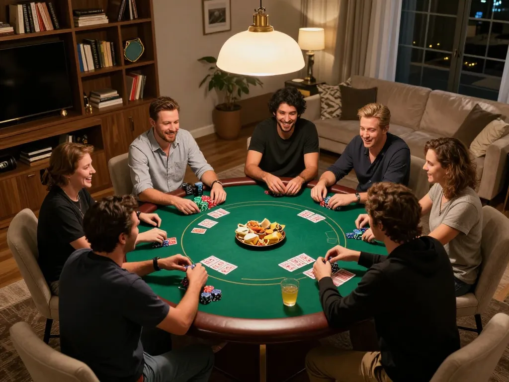 Players enjoying an engaging poker game at home, showcasing the MM88 gaming spirit in a friendly atmosphere.