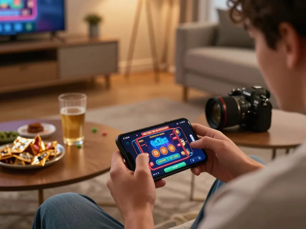 Engaging mobile gaming experience at home with bj88bj, showcasing vibrant casino app interface.