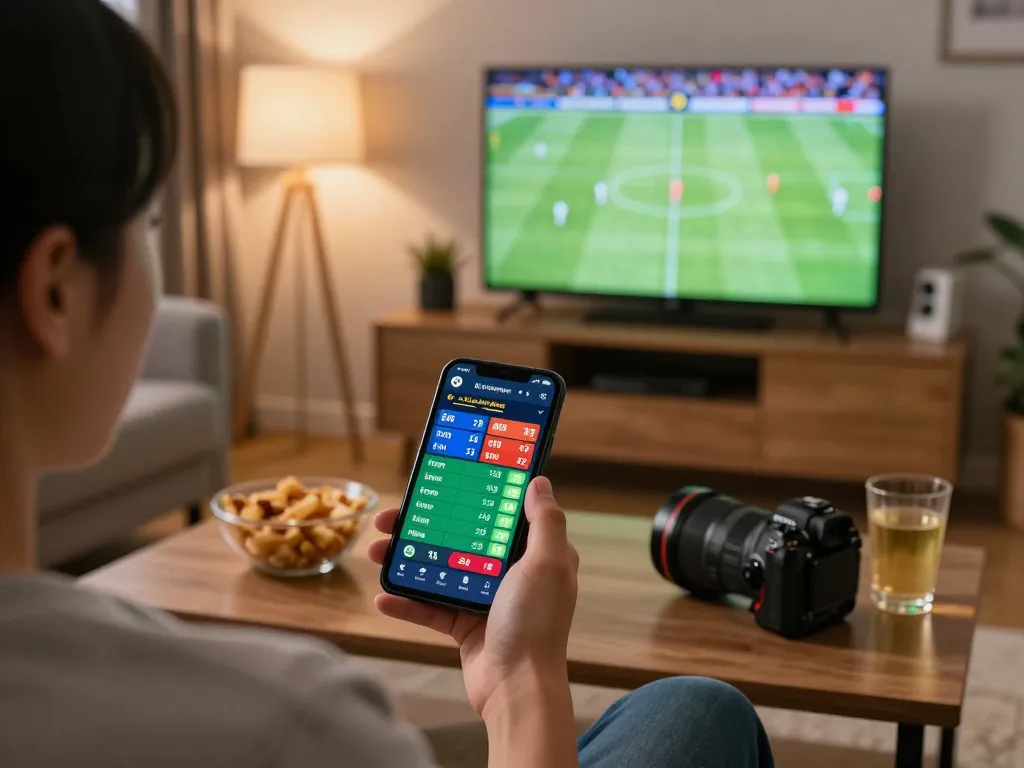 Person using vsc10 app for sports betting in a cozy living room setting with snacks nearby.