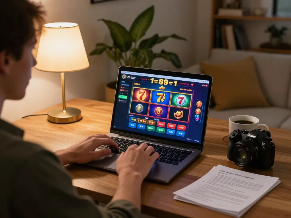 Engaging moment of a player enjoying 789 slot games on a laptop, promoting responsible gaming.