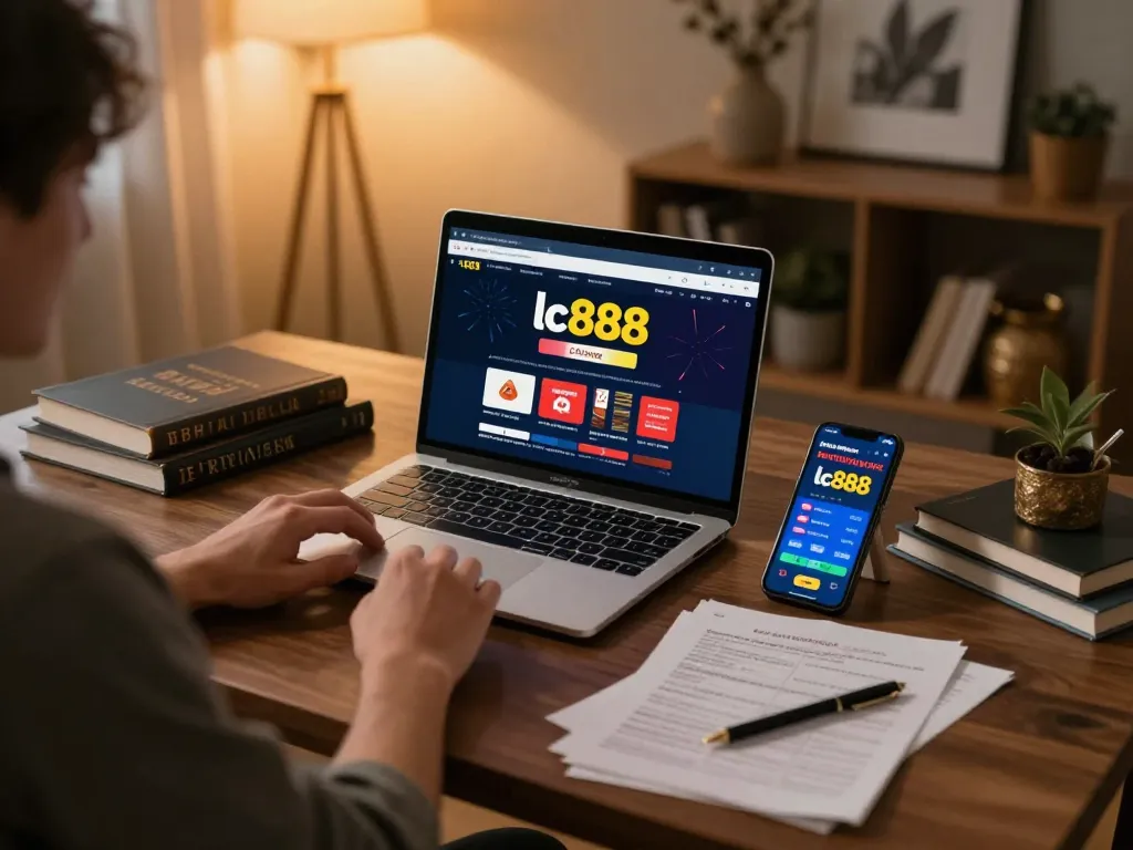 Engaging in strategic online gambling at lc888 with laptop and smartphone setup.
