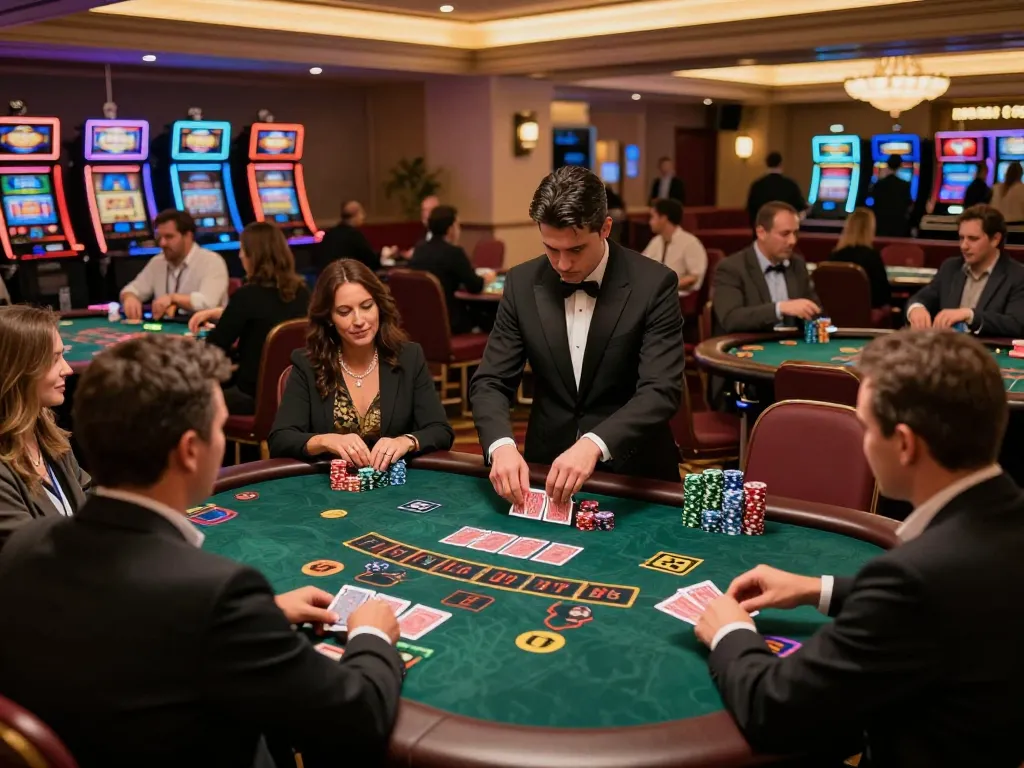 Players enjoying their time at fa88vn blackjack tables in an upscale casino atmosphere