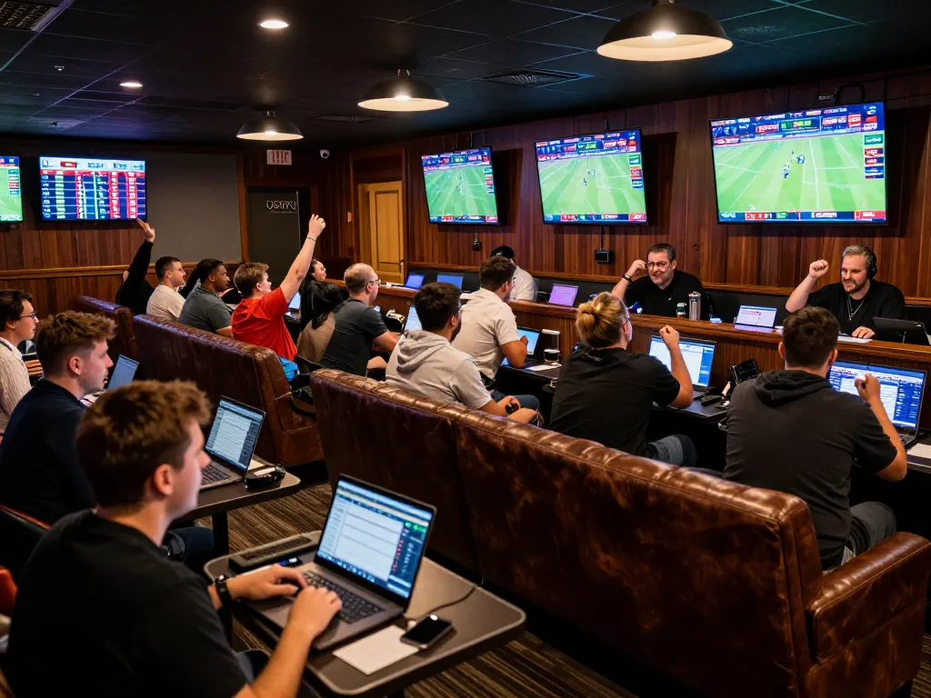 Betting enthusiasts engaging in active gameplay at the 8kbet sports lounge with live odds displayed on screens