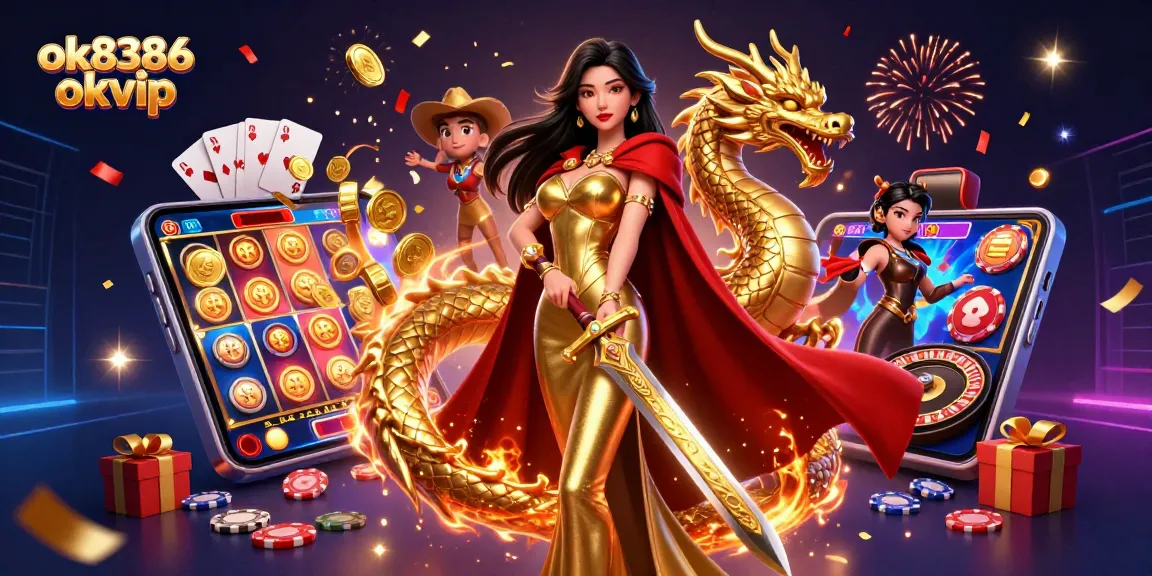 Play exciting casino games at ok8386 okvip, featuring a stunning warrior queen and magical elements.