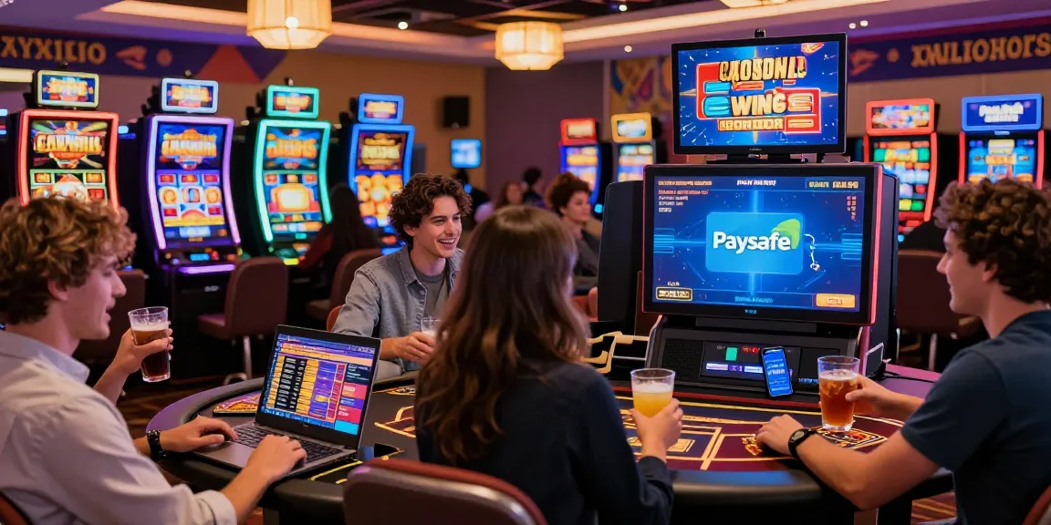 Spannende Paysafe Card Casino-Szene mit Spielern, die Spiele genießen und Boni gewinnen