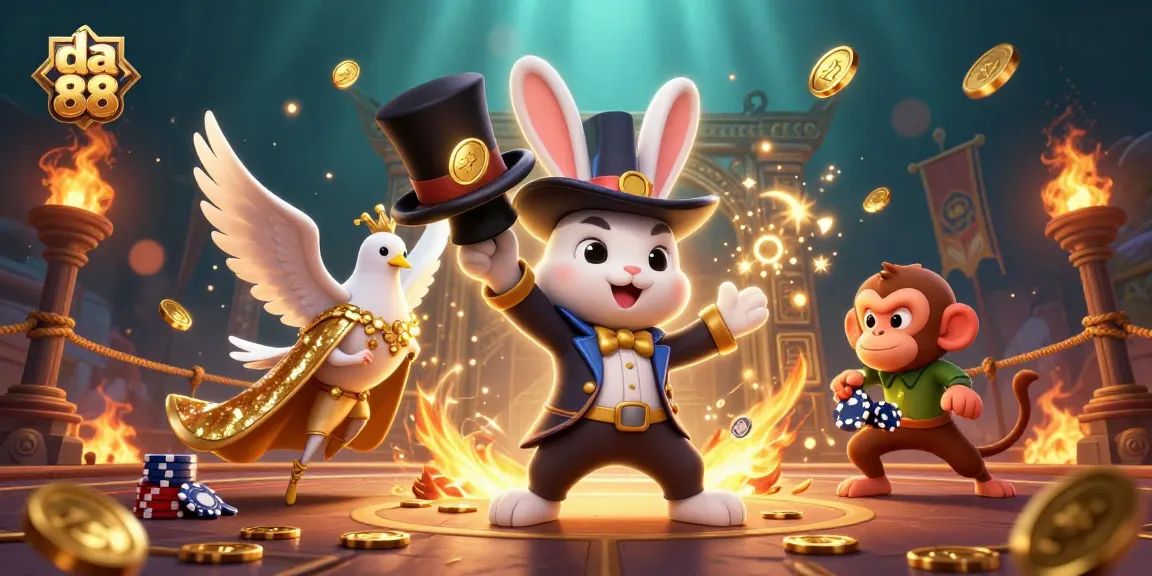 Engage in the excitement of da 88 with a vibrant casino-themed illustration featuring a magician rabbit and playful characters.