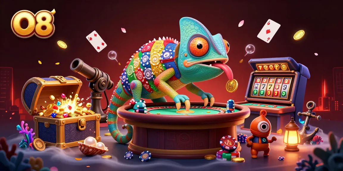 Experience O8's vibrant casino world with a dynamic chameleon casino owner and thrilling gaming elements.