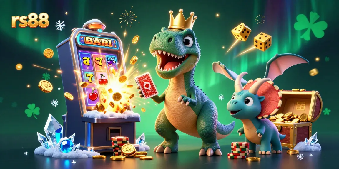 Experience thrilling gameplay with rs88 in this vibrant casino scene featuring animated dinosaurs and slot machines.