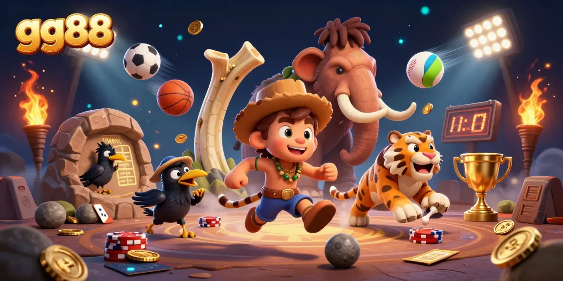 Experience the thrilling dynamic gaming of gg88 with a lively prehistoric casino scene full of action.