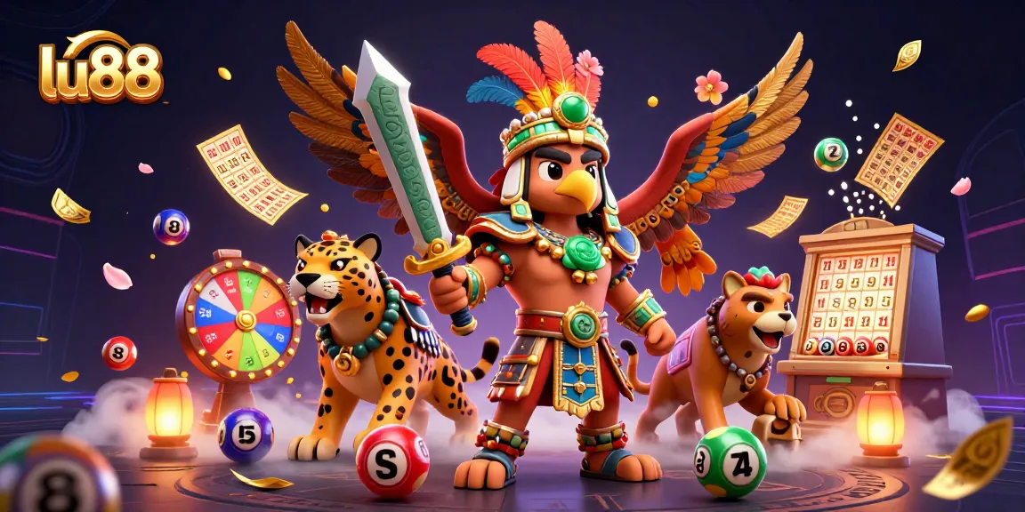 LU88 gaming scene with Aztec warrior characters amidst colorful lottery elements and jackpot rewards.
