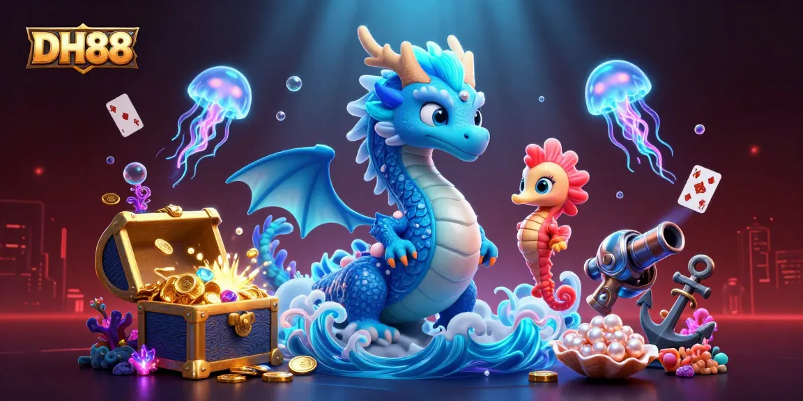 Engage with DH88's thrilling underwater world, featuring vibrant characters and treasure in this exciting gambling-themed illustration.