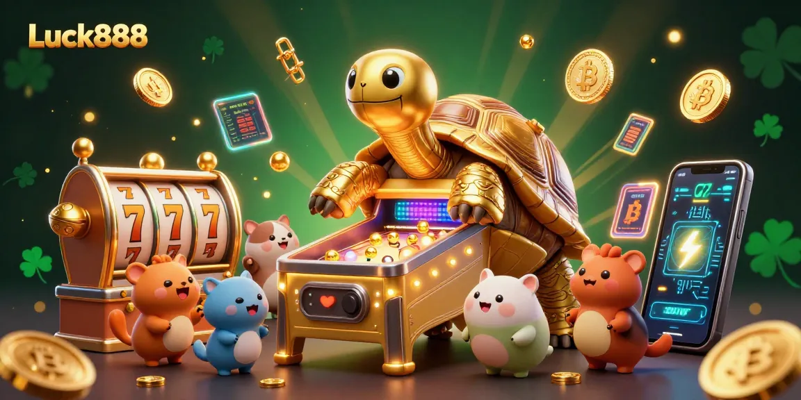 Engage with Luck888's vibrant slot-themed casino illustration featuring a colossal tortoise and eager animals.