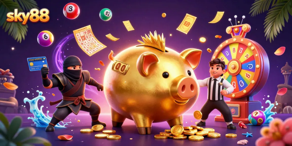 Engage in excitement with sky88 as a golden piggy bank sumo wrestler stomps, sending coins flying.