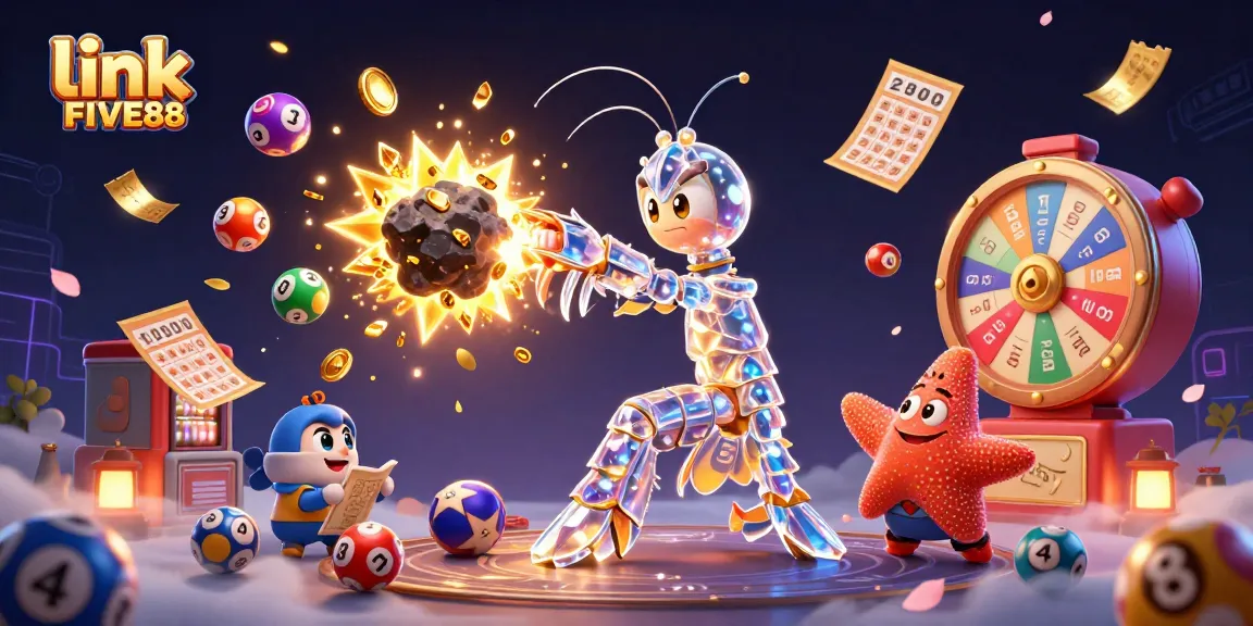 Engage in thrilling gaming with link FIVE88, showcasing vibrant lottery elements and dynamic golden treasures.