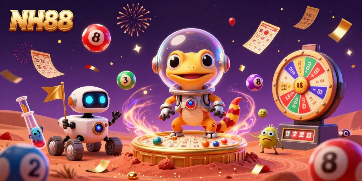 Experience NH88 with a Martian gecko discovering a golden casino amidst lottery balls and celebrations.