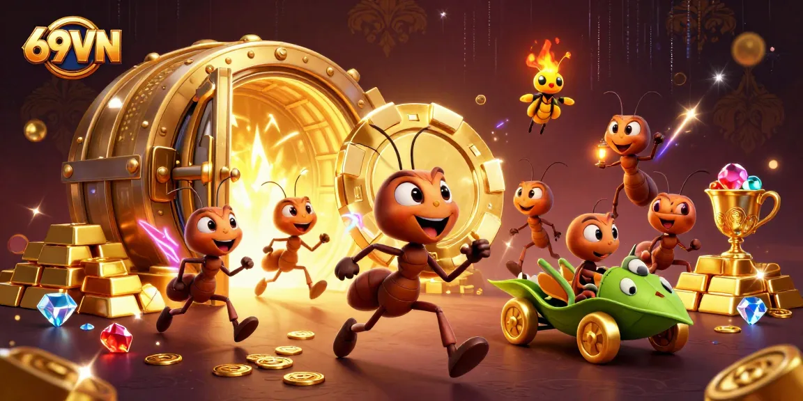 Experience thrilling action with the team of ants in 69VN’s casino heist, showcasing vibrant gambling elements.